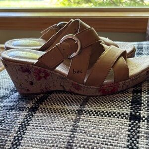b.o.c. Tan Leather Floral Cork Wedge Sandals with Buckle